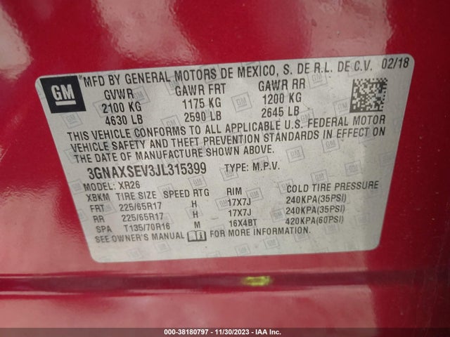 Chevrolet EQUINOX LT 2018 3GNAXSEV3JL315399 Image 9
