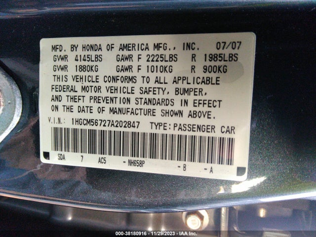 2007 HONDA ACCORD 2.4 EX VIN: 1HGCM56727A202847