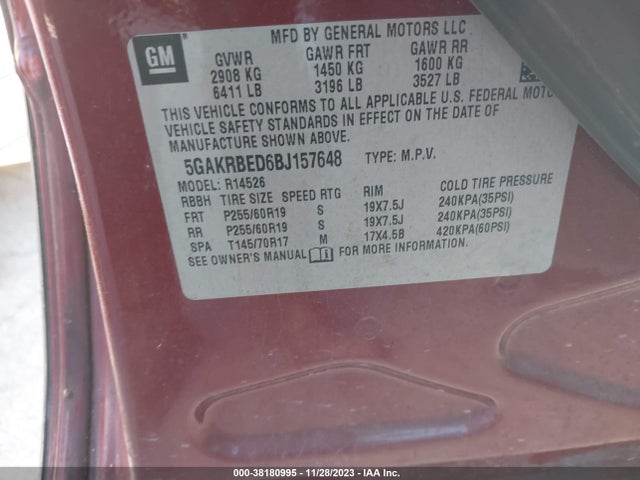 2011 BUICK ENCLAVE 1XL VIN: 5GAKRBED6BJ157648