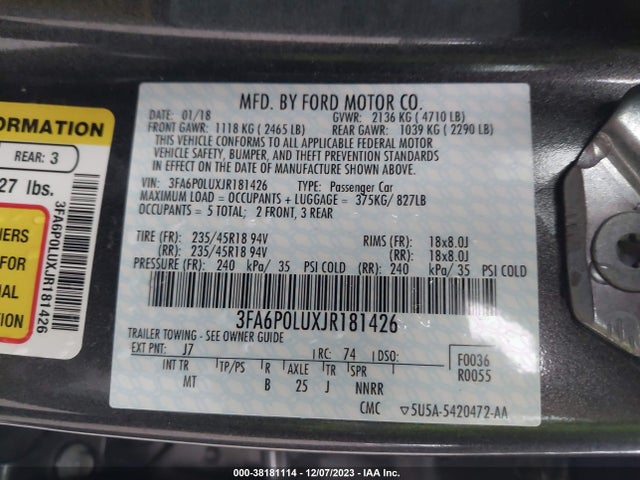 2018 FORD FUSION HYBRID SE VIN: 3FA6P0LUXJR181426