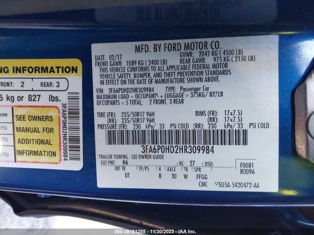 Ford FUSION SE 2017 3FA6P0HD2HR309984 Image 9
