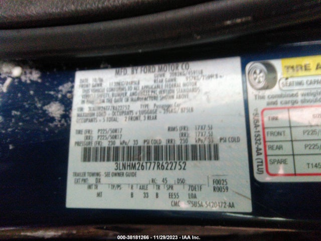 2007 LINCOLN MKZ VIN: 3LNHM26T77R622752