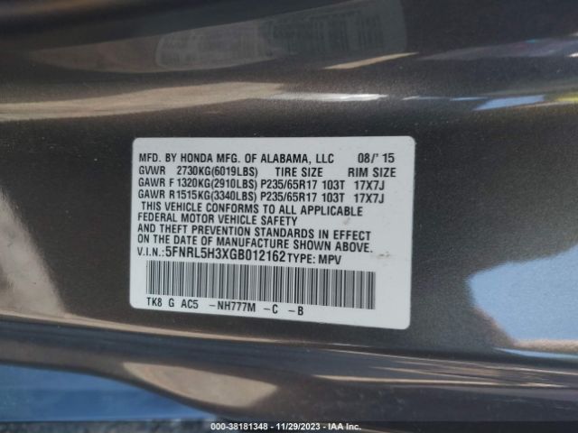 5FNRL5H3XGB012162 Honda ODYSSEY SE