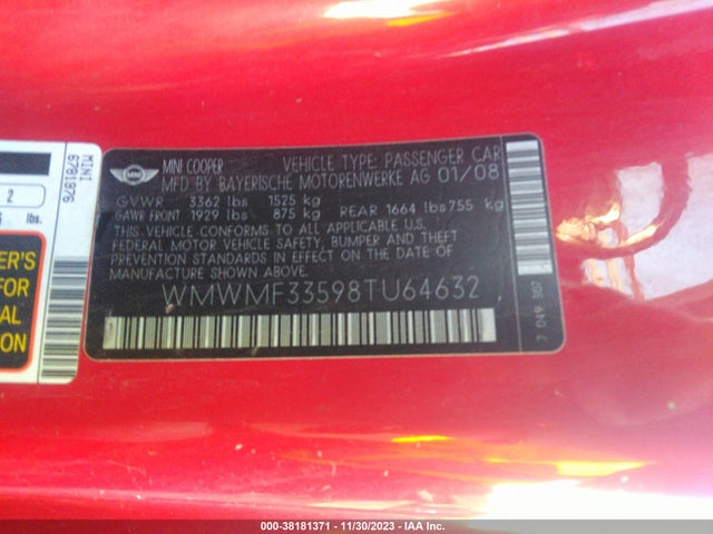 2008 MINI COOPER WMWMF33598TU64632 Photo 8