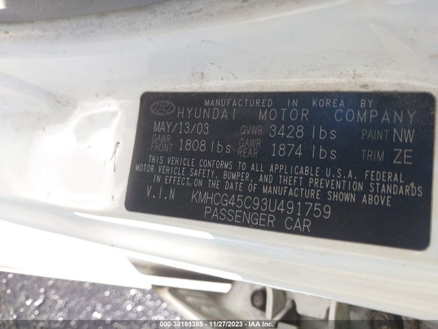 2003 HYUNDAI ACCENT GL VIN: KMHCG45C93U491759