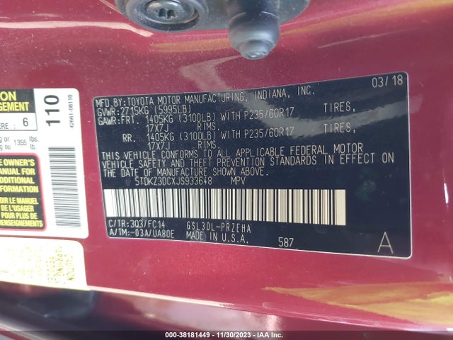2018 TOYOTA SIENNA LE 8 PASSENGER VIN: 5TDKZ3DCXJS933648