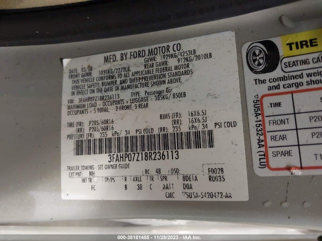 2008 FORD FUSION SE VIN: 3FAHP07Z18R236113