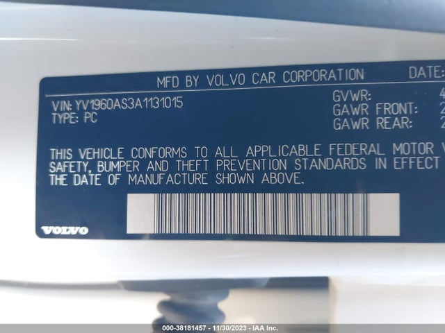 2010 VOLVO S80 3.2 VIN: YV1960AS3A1131015