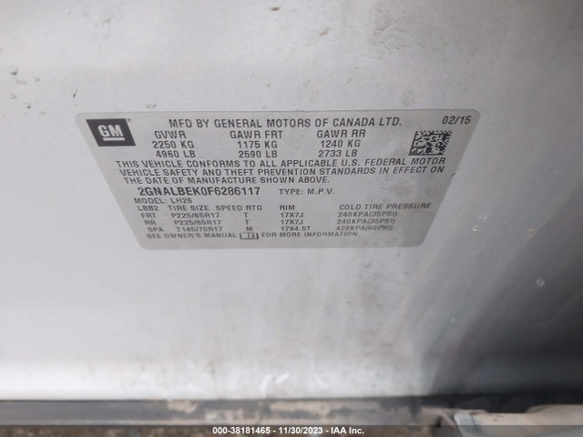 Chevrolet EQUINOX 1LT 2015 2GNALBEK0F6286117 Image 9