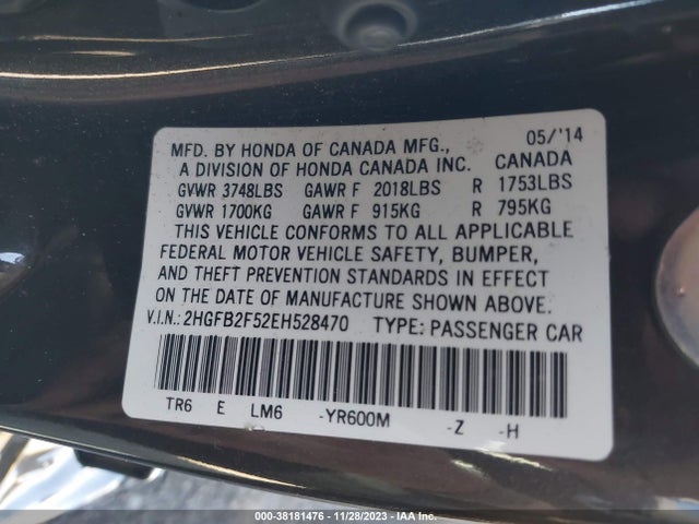 2014 HONDA CIVIC LX VIN: 2HGFB2F52EH528470