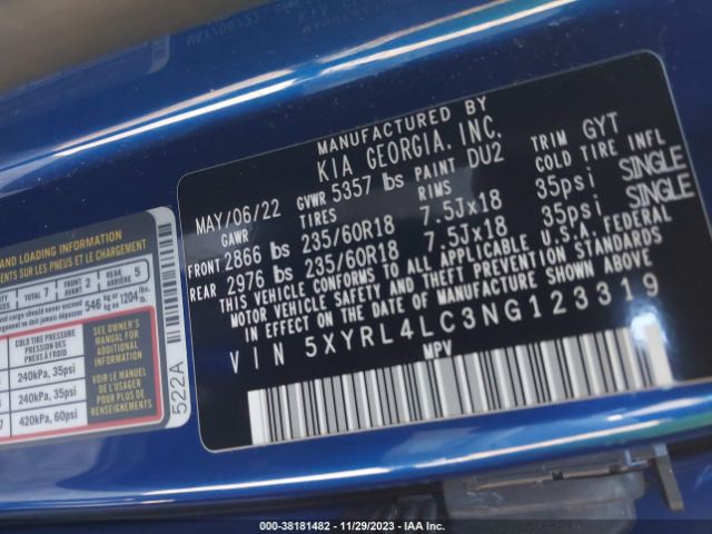 5XYRL4LC3NG123319 KIA SORENTO S