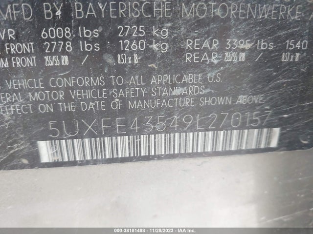 2009 BMW X5 XDRIVE30I VIN: 5UXFE43549L270157