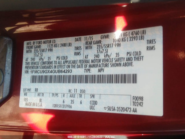 Ford ESCAPE SE 2016 1FMCU9GX4GUB64293 Image 9