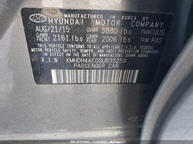 2016 HYUNDAI ELANTRA SE VIN: KMHDH4AE0GU635259