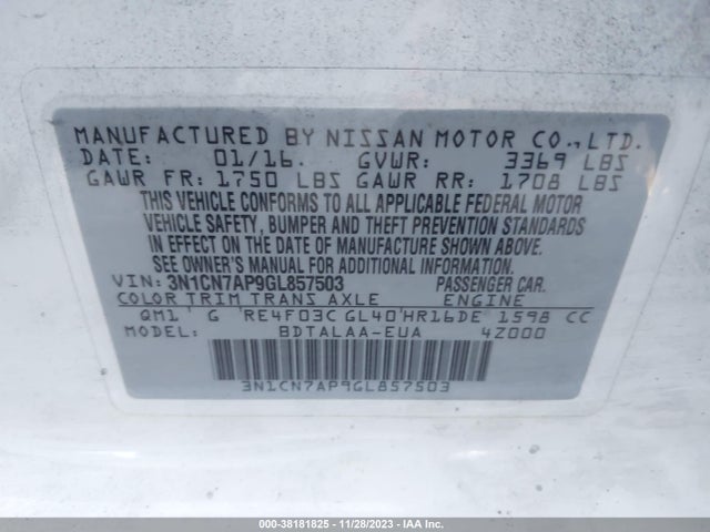 2016 NISSAN VERSA 1.6 S+ VIN: 3N1CN7AP9GL857503