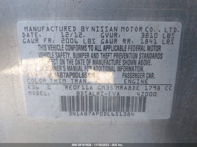 2013 NISSAN SENTRA SR VIN: 3N1AB7AP0DL651384