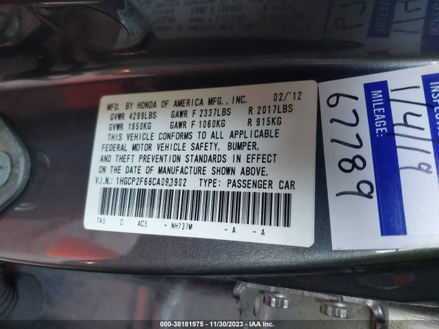 2012 HONDA ACCORD 2.4 SE VIN: 1HGCP2F68CA093902