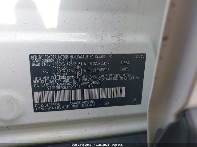 2020 TOYOTA RAV4 LE VIN: 2T3F1RFV3LC123694
