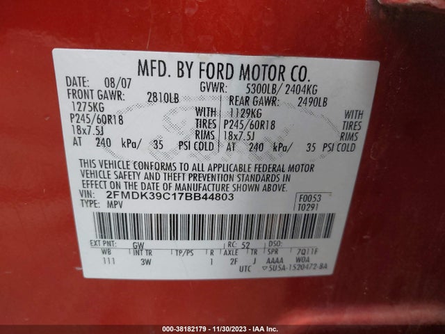 2007 FORD EDGE SEL PLUS VIN: 2FMDK39C17BB44803