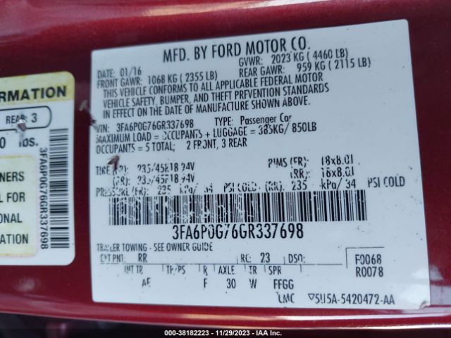 3FA6P0G76GR337698 Ford FUSION S