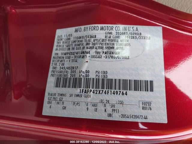 2004 FORD MUSTANG GT VIN: 1FAFP42X74F149764