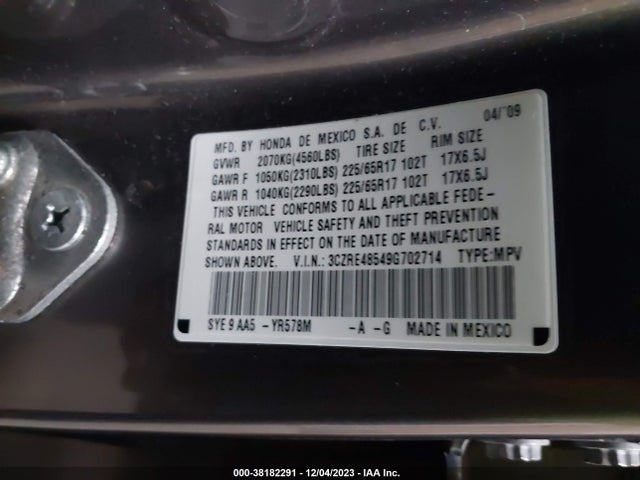 2009 HONDA CR-V EX VIN: 3CZRE48549G702714