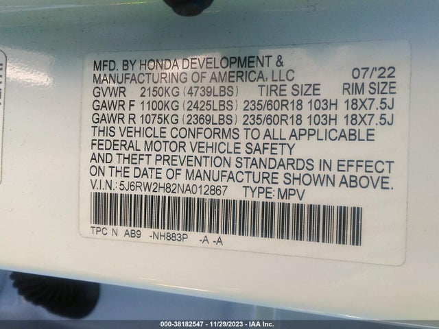 Honda Cr-v Awd Ex-l 2022 5J6RW2H82NA012867 Image 9
