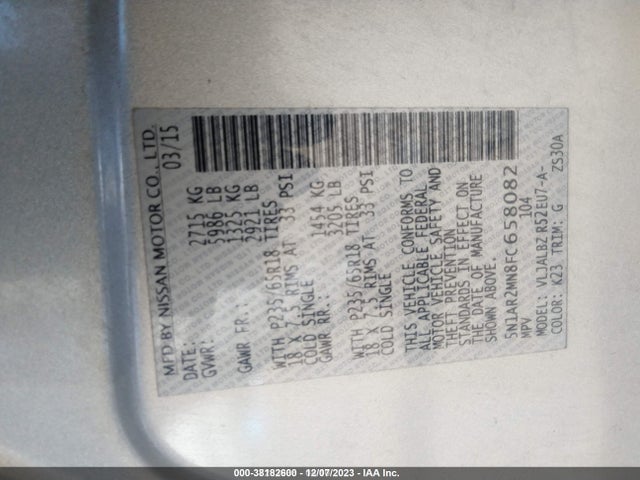 Nissan Pathfinder S 2015 5N1AR2MN8FC658082 Image 9