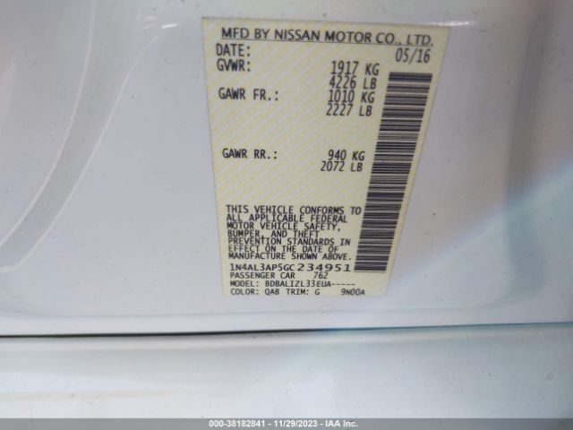 1N4AL3AP5GC234951 Nissan Altima 2.5 Sl/2.5 Sr/2.5 Sv/2.5/2.5 S