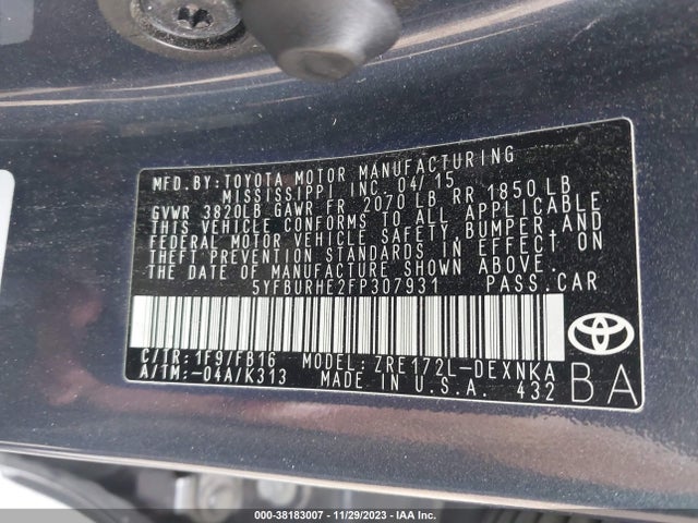 Toyota COROLLA LE 2015 5YFBURHE2FP307931 Image 9