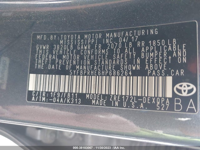 2017 TOYOTA COROLLA LE ECO VIN: 5YFBPRHE6HP686264
