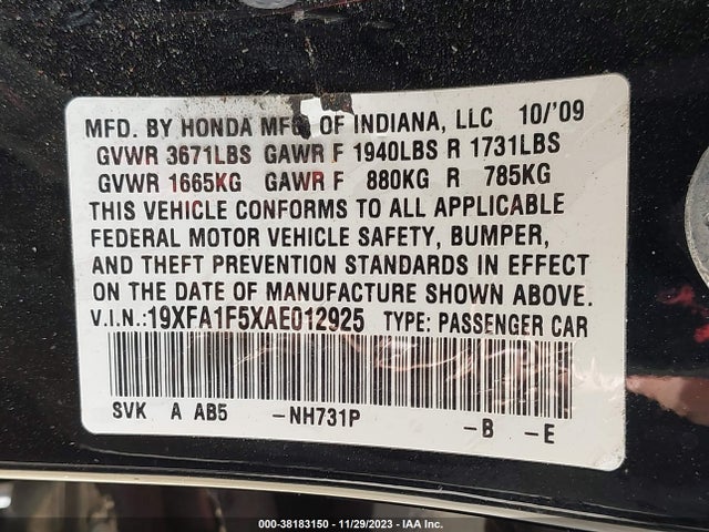 2010 HONDA CIVIC LX VIN: 19XFA1F5XAE012925