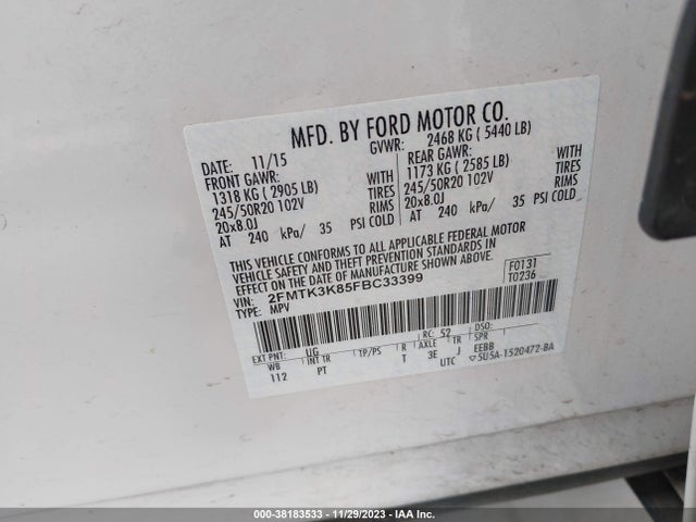 2015 FORD EDGE TITANIUM VIN: 2FMTK3K85FBC33399