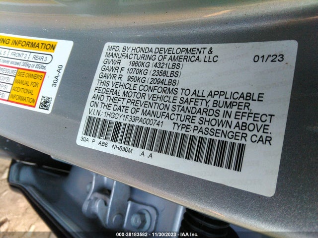 Honda ACCORD EX 2023 1HGCY1F33PA000741 Image 9