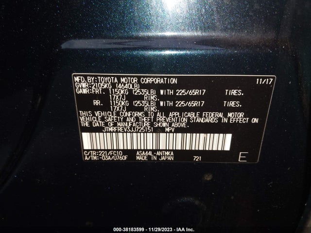 2018 TOYOTA RAV4 XLE VIN: JTMRFREV3JJ725151
