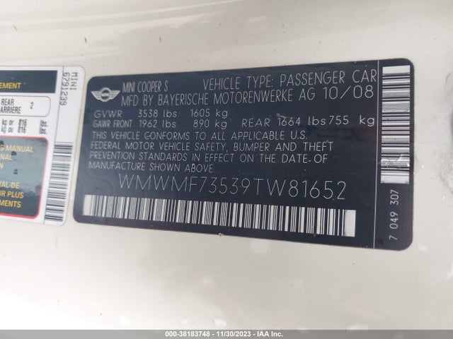 2009 MINI COOPER S WMWMF73539TW81652 Photo 8