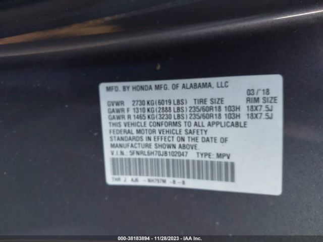 5FNRL6H70JB102047 Honda Odyssey Ex-l