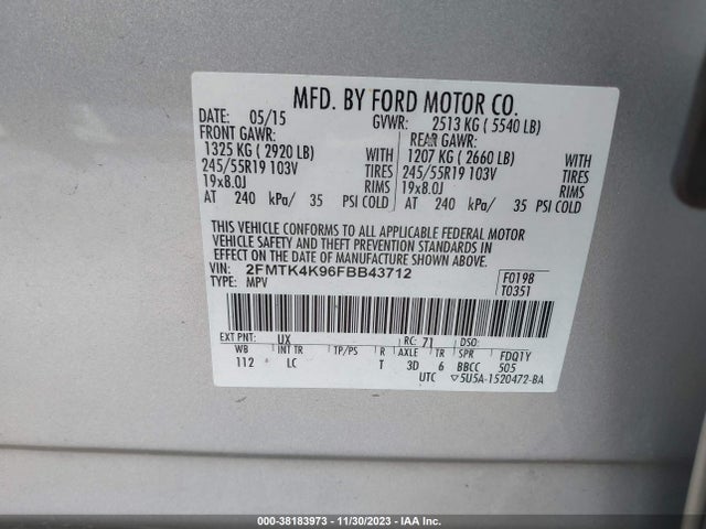 2015 FORD EDGE TITANIUM VIN: 2FMTK4K96FBB43712