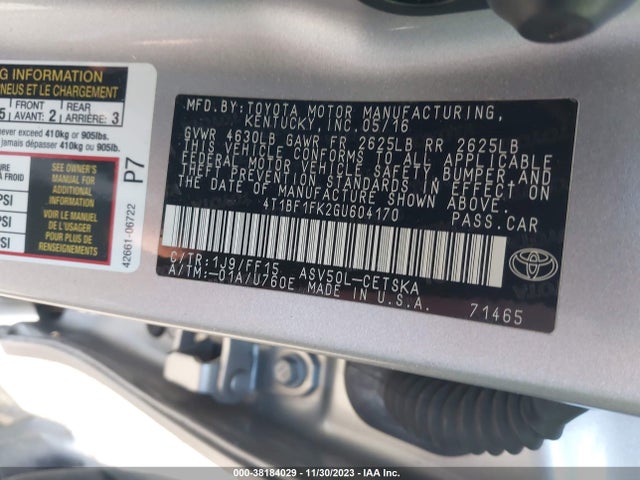2016 TOYOTA CAMRY SE VIN: 4T1BF1FK2GU604170