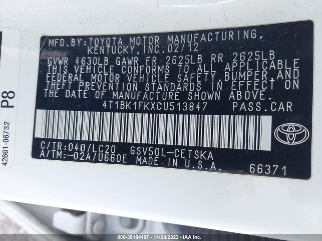 2012 TOYOTA CAMRY SE V6 VIN: 4T1BK1FKXCU513847