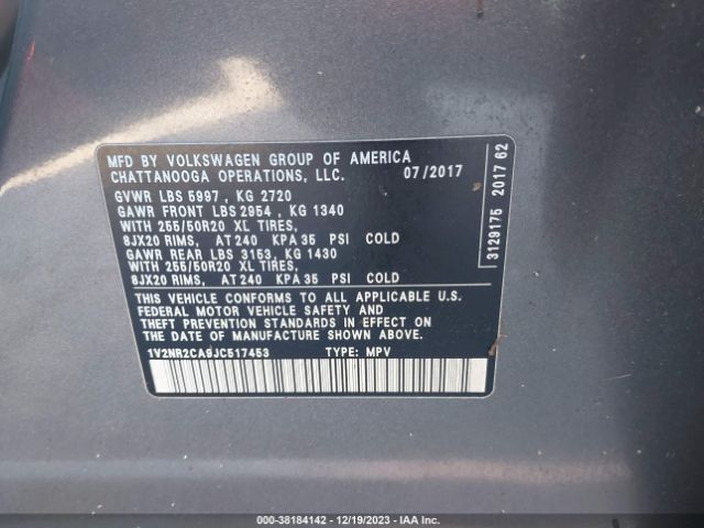 1V2NR2CA9JC517453 Volkswagen Atlas 3.6l V6 Sel Premium