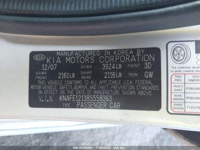 2008 KIA SPECTRA EX VIN: KNAFE121385558363