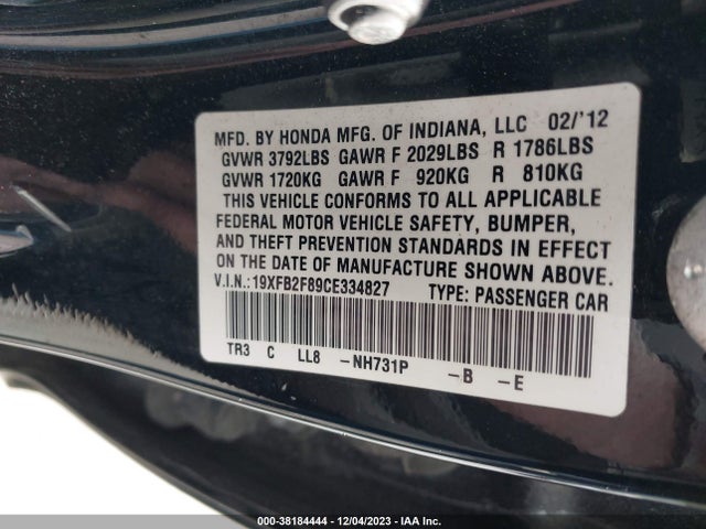 2012 HONDA CIVIC EX VIN: 19XFB2F89CE334827