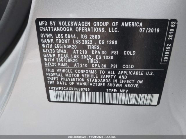 1V2WP2CAXKC586759 Volkswagen Atlas 2.0t Se W/technology