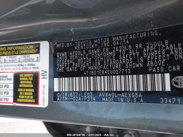 2014 TOYOTA AVALON HYBRID XLE TOURING VIN: 4T1BD1EB4EU027713