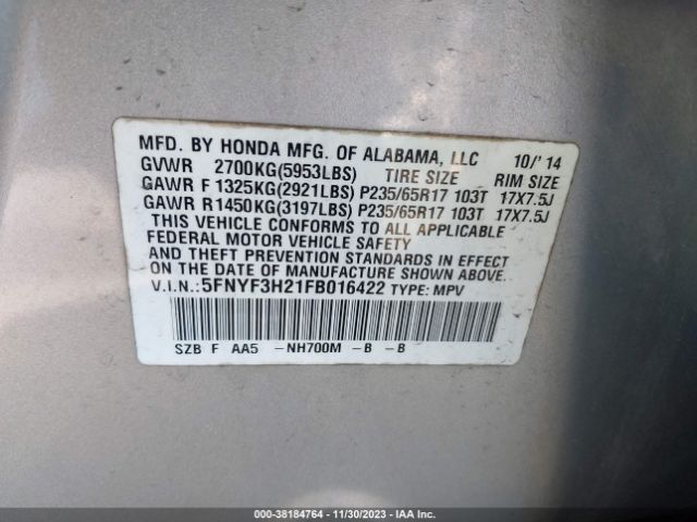 5FNYF3H21FB016422 Honda PILOT LX