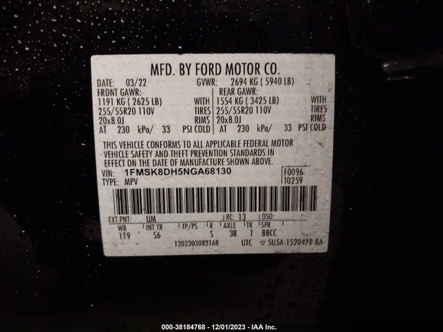 2022 FORD EXPLORER XLT VIN: 1FMSK8DH5NGA68130