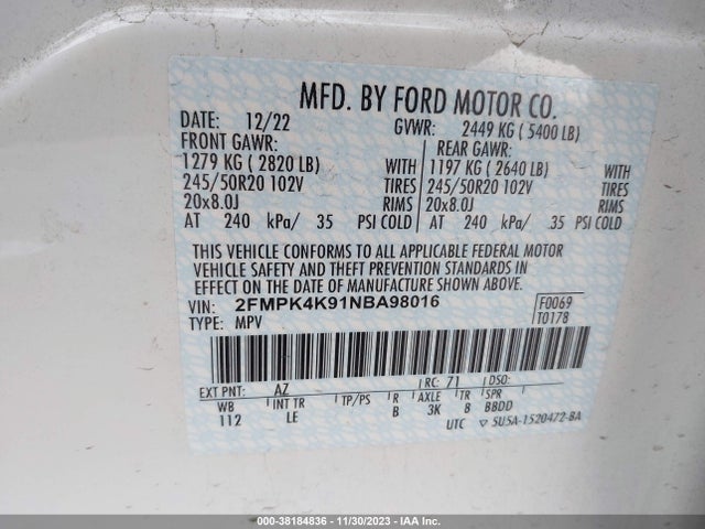 2022 FORD EDGE TITANIUM VIN: 2FMPK4K91NBA98016