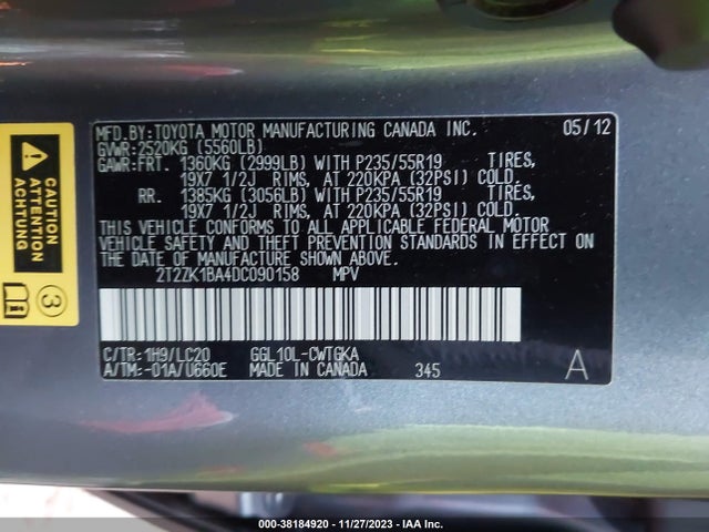 2013 LEXUS RX 350 VIN: 2T2ZK1BA4DC090158