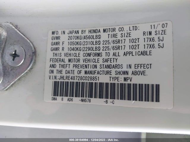 38184994 :رقم المزاد ، JHLRE48728C028851 vin ، 2008 Honda Cr-v Ex-l مزاد بيع